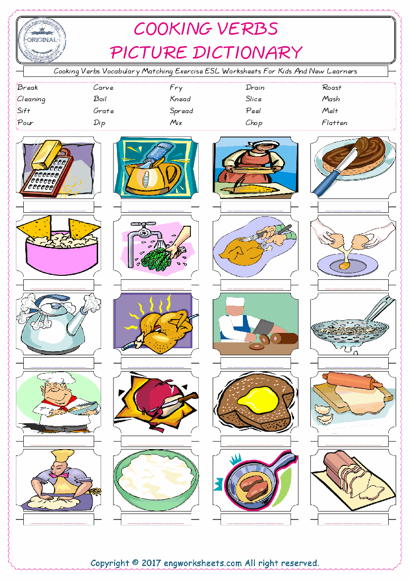  Cooking Verbs for Kids ESL Word Matching English Exercise Worksheet. 